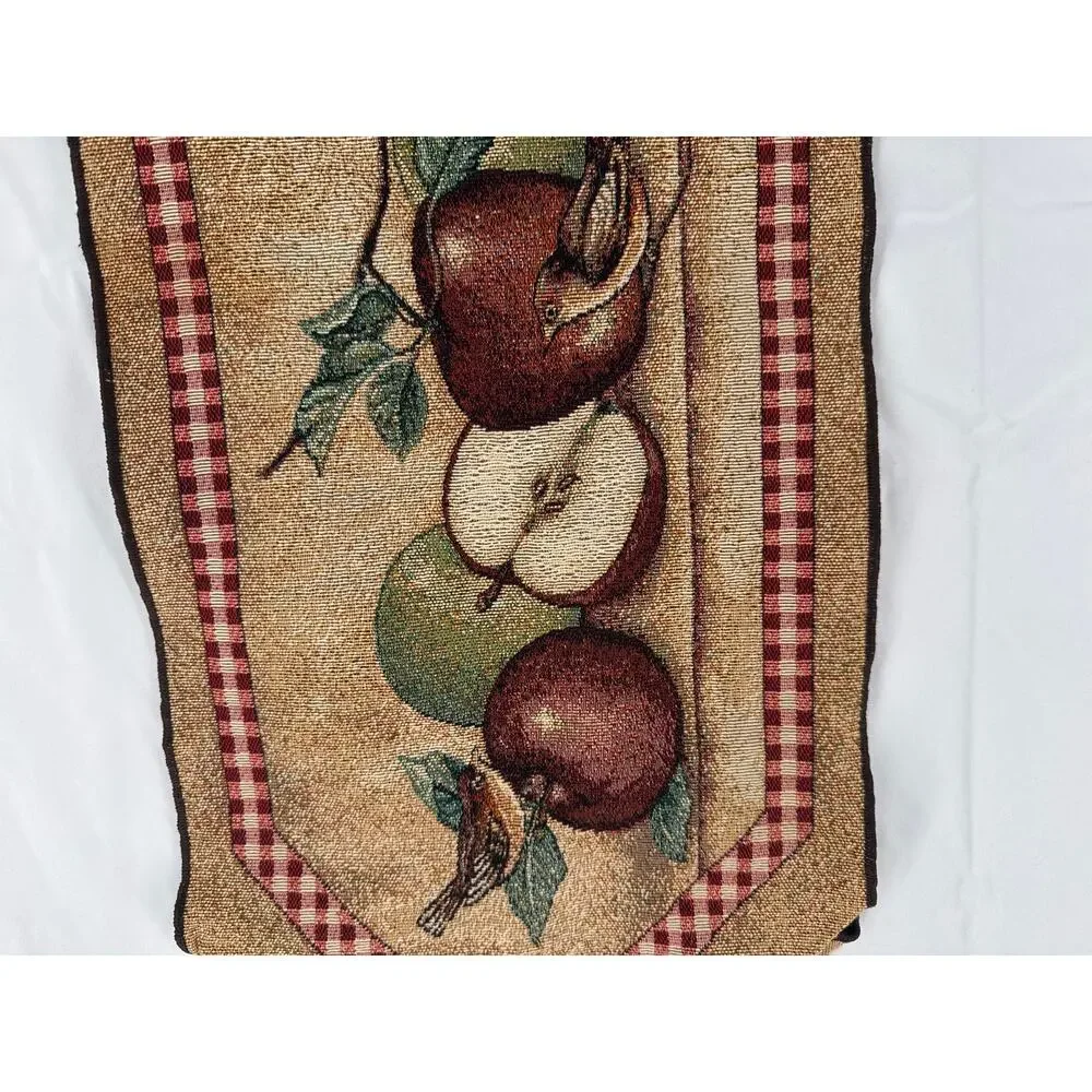vintage apple and bird tapestry style fabric table runner 70in long